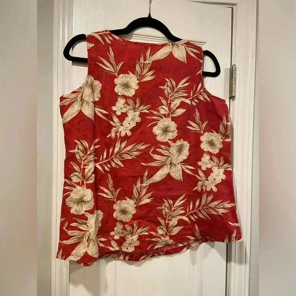 Kiko 100% Linen Pink Floral Round Neck Thick Strap Tank Top Hibiscus Size L - Picture 9 of 9